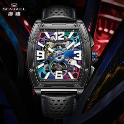 Seagull Tonneau Shape Men Watch Automatic Mechanical Watches Skeleton Sapphire Leather Strap Luminous Wristwatch 6166 Moto.Serie