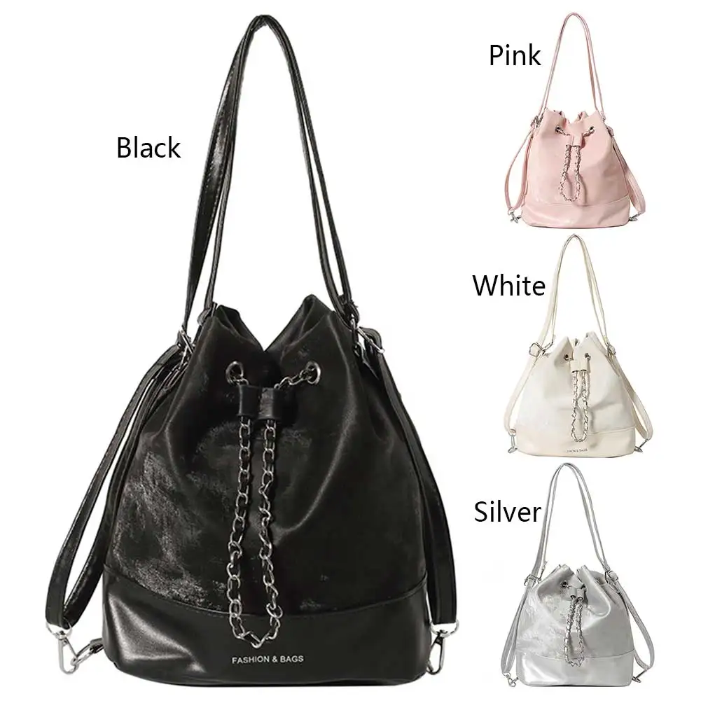 Women Trendy Commuting Bag Large Capacity PU Drawstring Bucket Bag Chic Hobo Bag Solid Color Adjustable Strap for Outdoor Travel