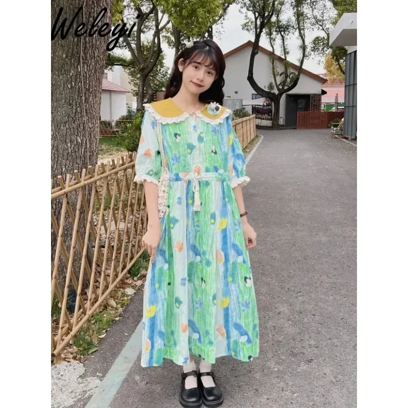 

Summer Sweet Girl Retro Oil Painting Dress Women 2024 New Cool Student Color Matching Doll Collar Short Sleeve Printed Dresses