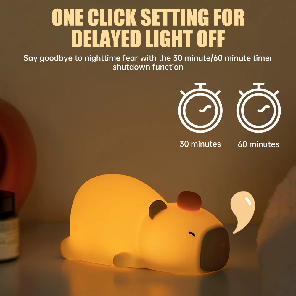 Cute Capybara Night Light Children's Silicone Nightlight Gift USB Rechargeable Animal Touch Bedside Sleep Lamp Decoration