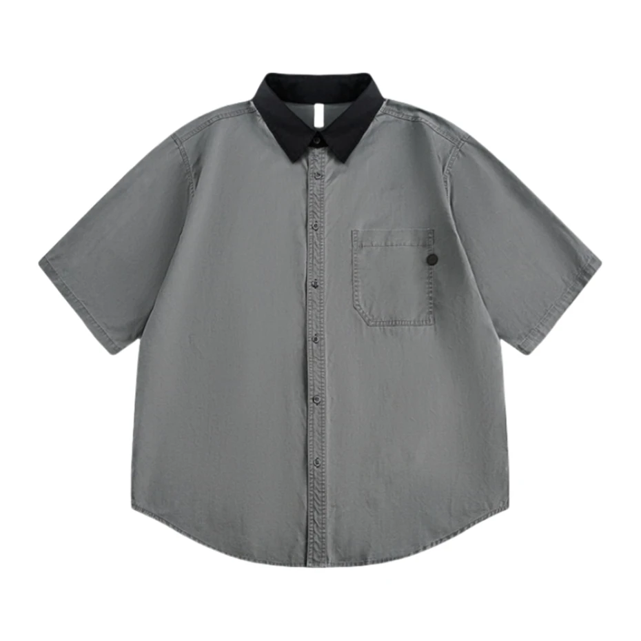 Vintage Khaki Cargo Shirts Men Streetwear Harajuku Color Block Short Sleeve Shirt for Men Oversized Summer Casual Blouse Male