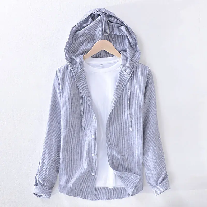 2026 New Men's Hooded Striped Shirts Spring Autumn Cotton Linen Long Sleeve Tops Japanese Artistic Casual Thin Shirts
