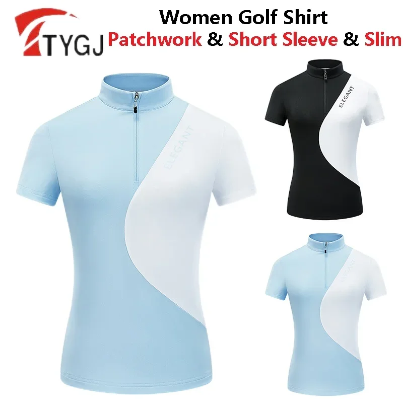 

TTYGJ Women Elastic Sunscreen Golf Shirt Ladies Patchwork Short Sleeve T-shirt Female Zipper Collar Sport Tops Casual Clothing