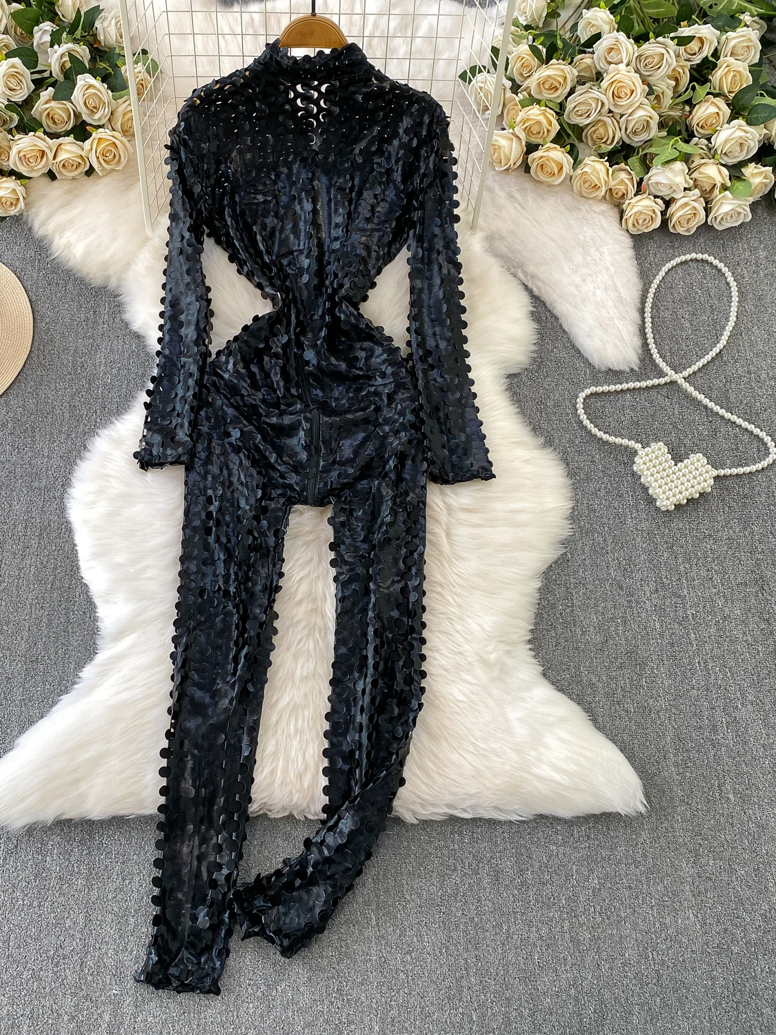 

Slimming Hollow out Geometric round Zipper Stand Collar Pants for Women Autumn Winter High Waist Long Straight Tube