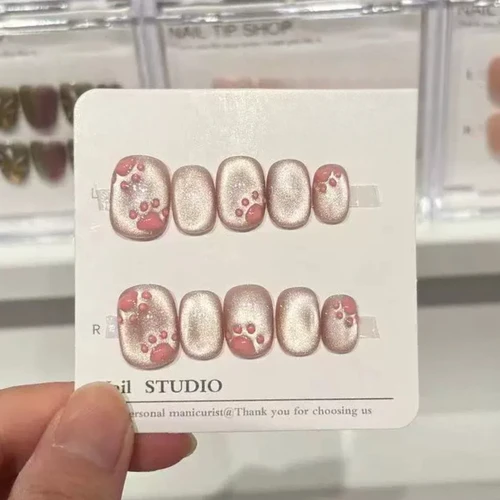 Imagen 2 del producto 10 Uds. De uñas postizas negras hechas a mano, diseño de estrella de ojo de gato con purpurina, parche para uñas dulces y frescas, herramientas de manicura cortas y redondas