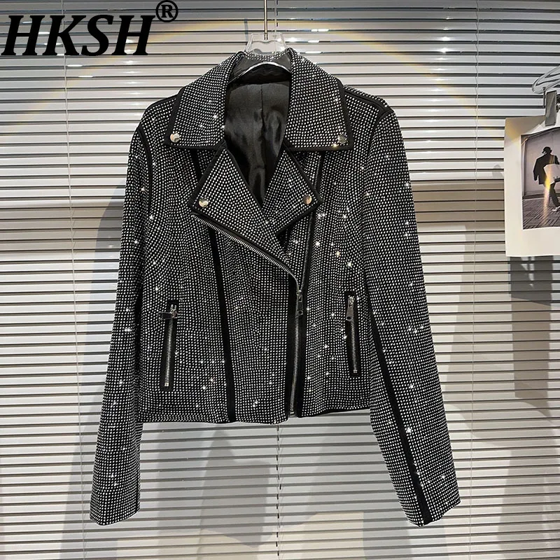 

HKSH Autumn New Women Jacket Heavy Craft Studded Diamonds Diagonal Zipper Turn-down Collar Stylish Punk Style Chic Coats HK11475