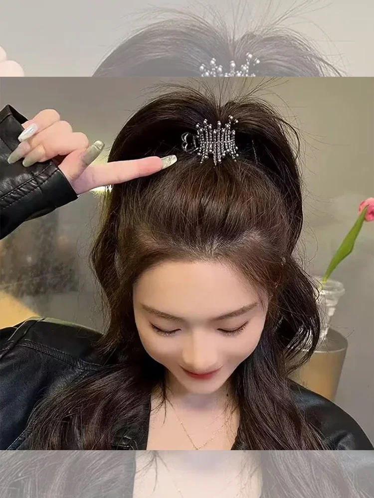 女性用ハイポニーテールヘアピン,ハーフタイクリップ,ラインストーンクリップ,頭の後ろに損傷がない,高度な感覚