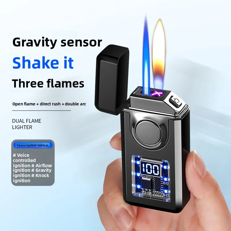 2026 New Creative Three Flame Voice Controlled Ignition Butane Gas Lighter Color Light Digital Battery Display Electric Lighters