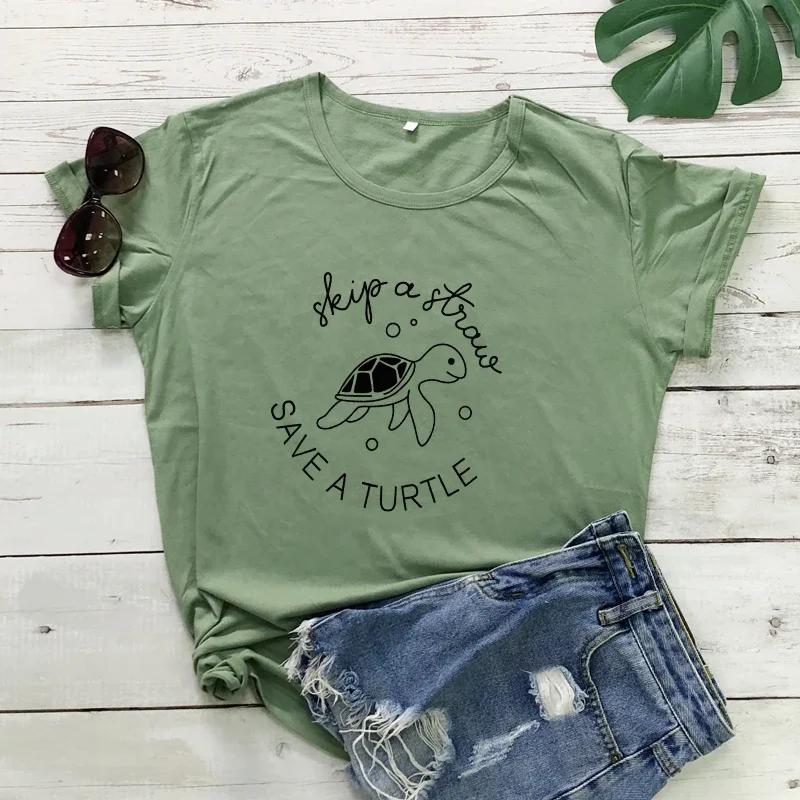 Y2k Aesthetic Summer Loose T-shirt Skip A Straw Save A Turtle T-shirts Unisex Women Graphic Tee Casual Slogan Environment Tops