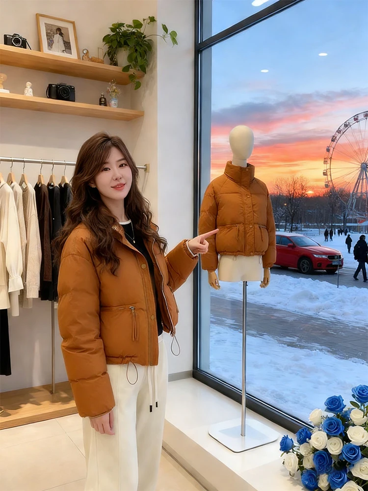 

Зимняя утепленная хлопковая куртка для женщин, новинка 2025 года, в корейском стиле, свободного кроя, маленький размер, с воротником-стойкой, на молнии