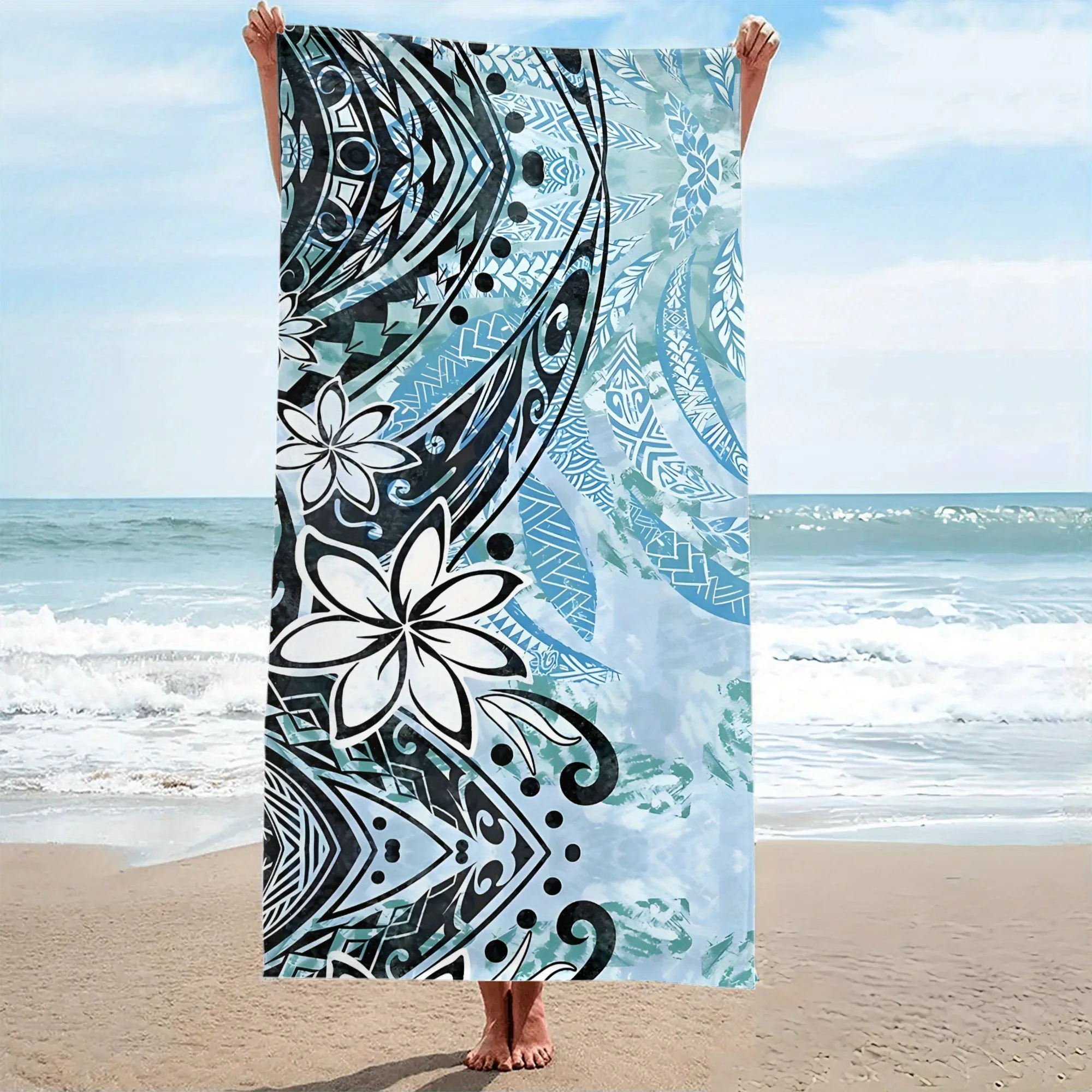 Polynesian Tribal Plumeria Beach Towel Patterned Sunscreen And Windproof Suitable For Swimming Pool Camping Travel Blanket