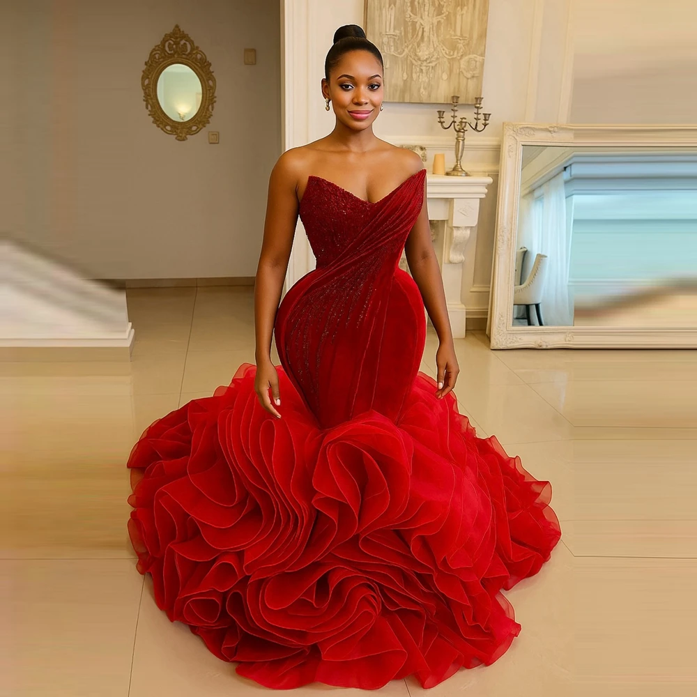 

Luxury Velvet Mermaid Prom Dress Sexy V Neck Beaded Ruffles Mesh Evening Gowns Aso Ebi Velour Formal Party Dresses Plus Size
