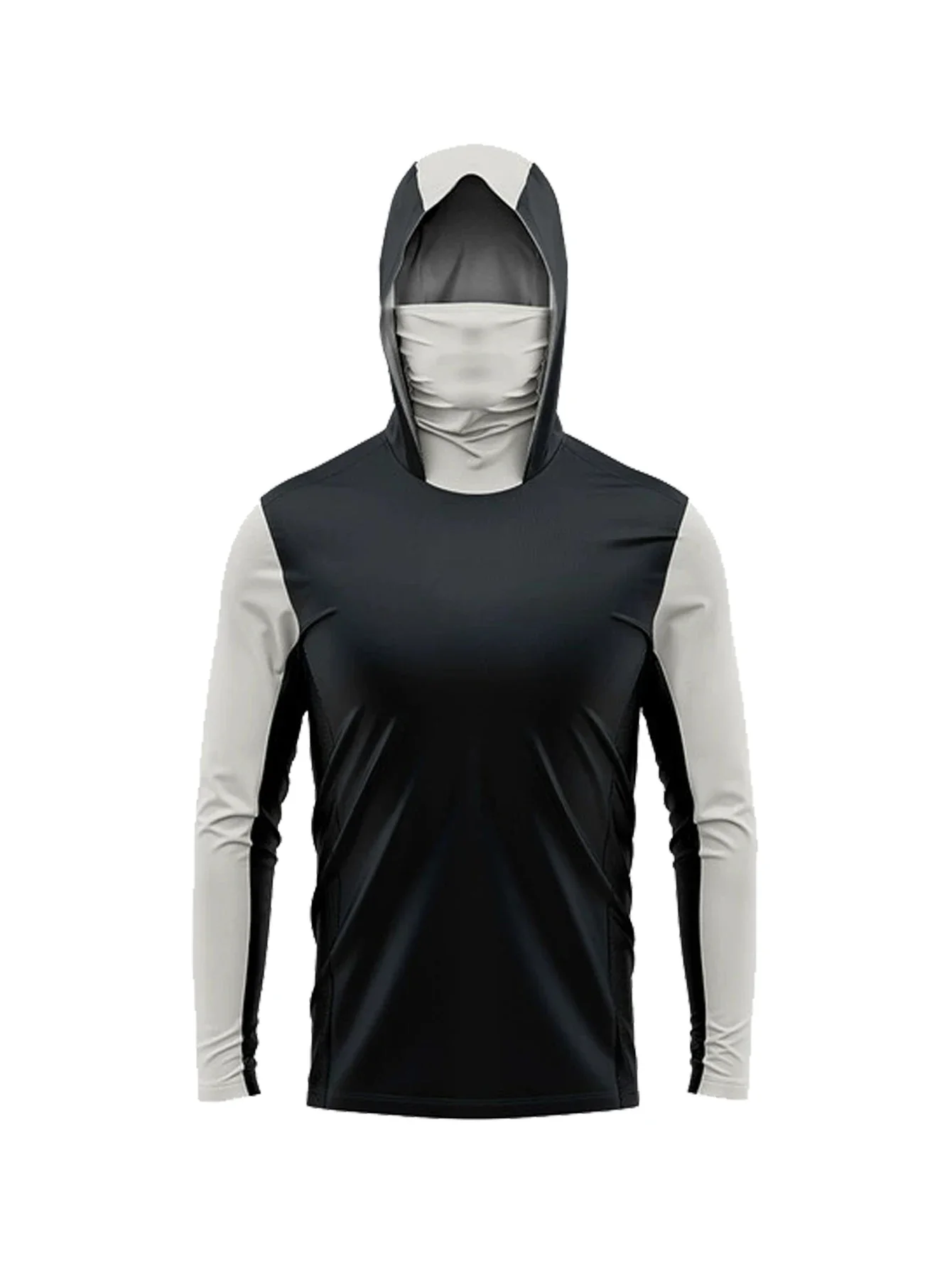 Herren Sommer-Angelhoodie mit Gesichtsmaske, Schwarz-Grau Farbblock, Schnelltrocknend, Langarm, Sonnenschutz-Angelhemd – Detail 4