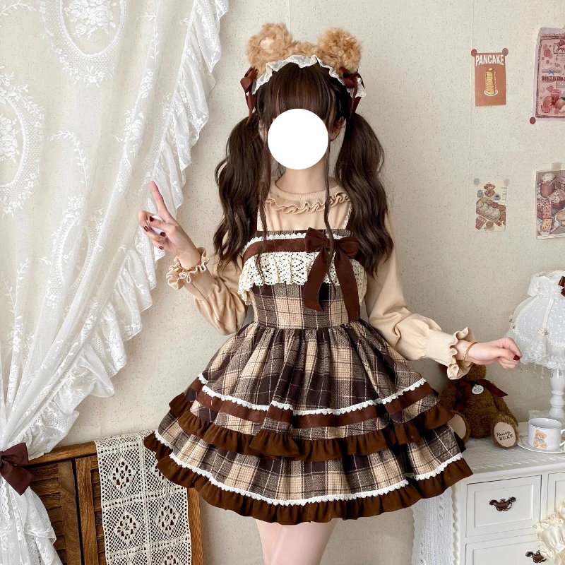 Japanese Harajuku Fashion Lolita Jsk Dress Women Sweet Lace Bow Plaid Princess Dresses Retro Cute Birthday Gift Tea Party Dress