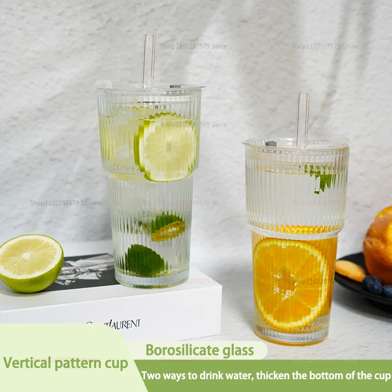 High Capacity Cold Drink Juice Coffee Cup with Lid Straw Vertical Striped Glass Water Cup Ins Wind Durable Large Capacity