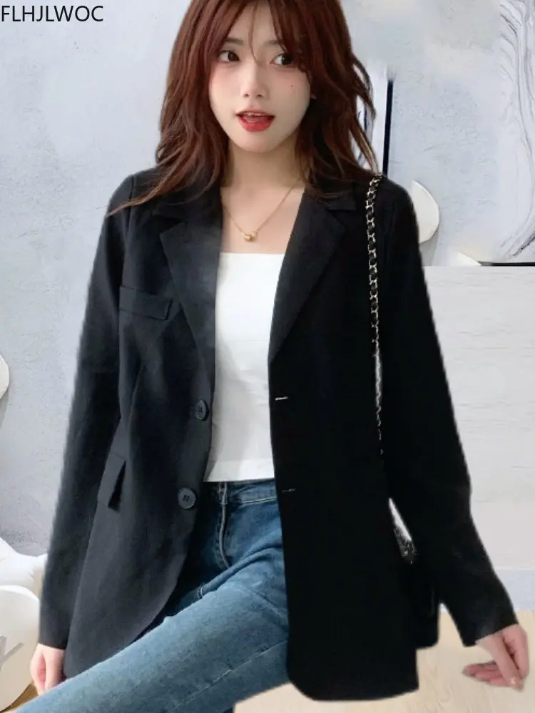 

Hot Sales Coats Outerwear 2022 Long Sleeve Chic Korean Japan Fashion Office Lady Women Work Solid Black Button Blazers