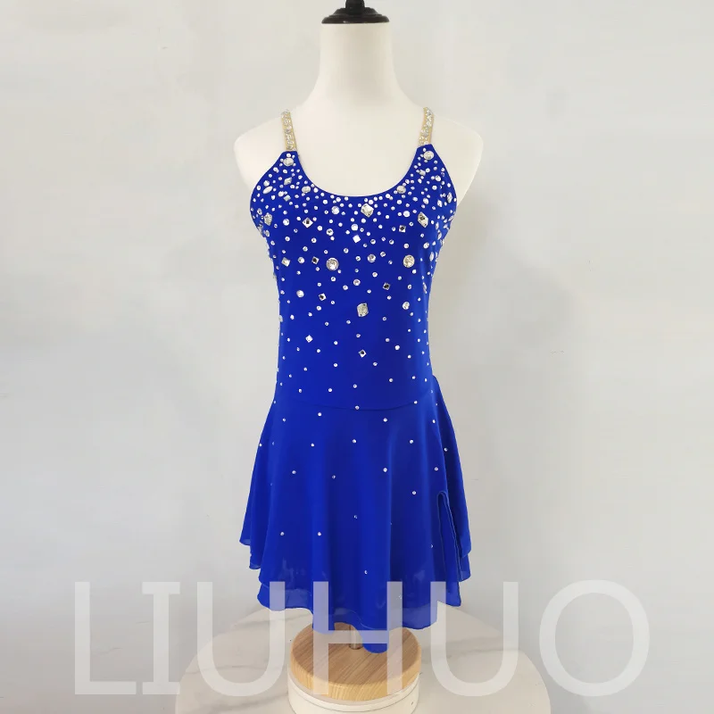 LIUHUO Ice Skating Dress Women Girls Spandex Soild Blue Figure Skating Roller Gymnastics Skating Belly Skirt