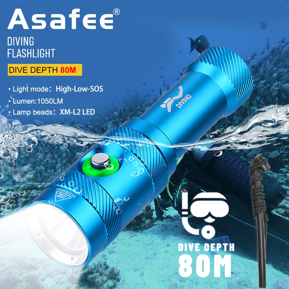 

Asafee AF15D Underwater Diving Flashlight 1050lumen L2 LED Backup Diver Light Waterproof Scuba Lantern Rechargeable Dive Torch