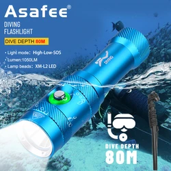 Asafee AF15D Underwater Diving Flashlight 1050lumen L2 LED Backup Diver Light Waterproof Scuba Lantern Rechargeable Dive Torch