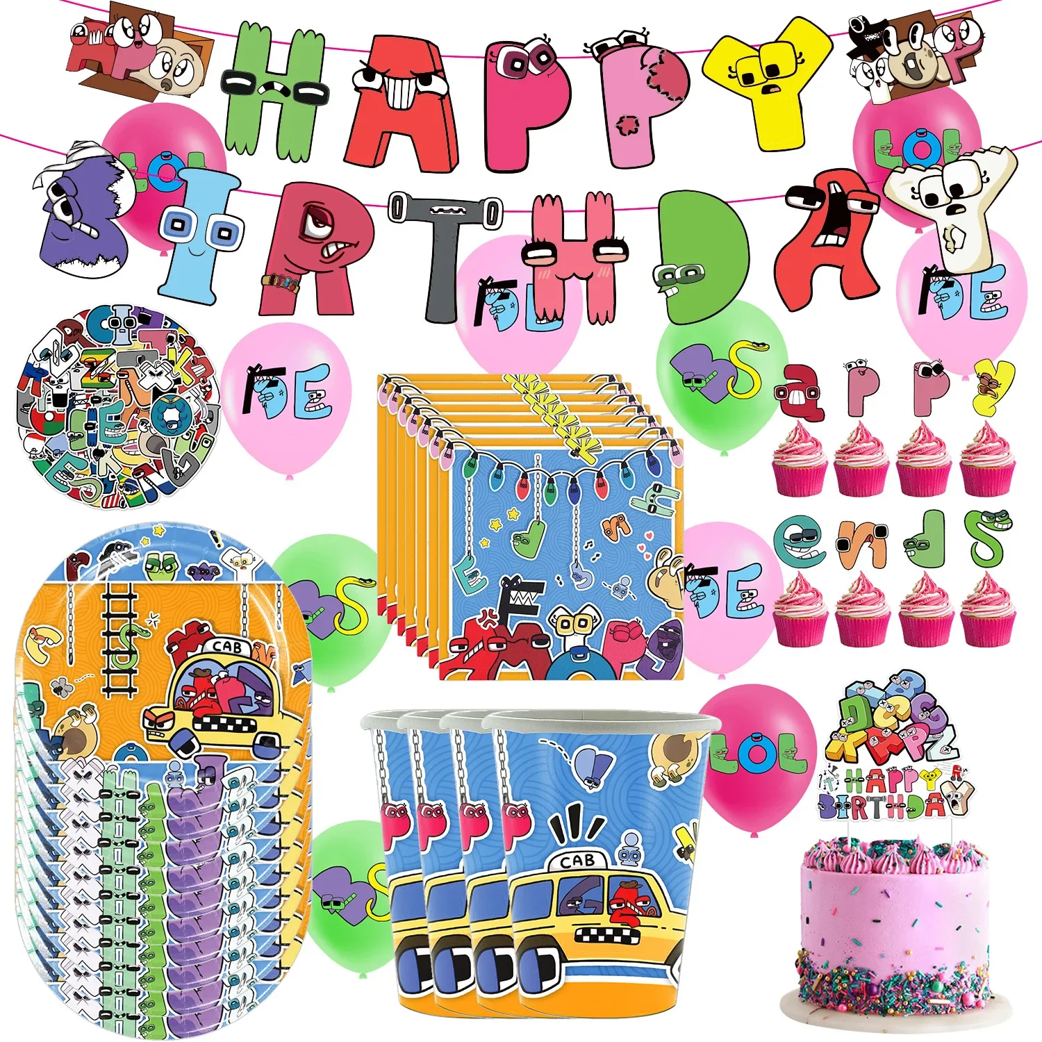 Alphabet Lore Party Tableware Birthday Decorations Supplies Banner Poster Backdrop Cake Topper Decorative Tool Party Decoration