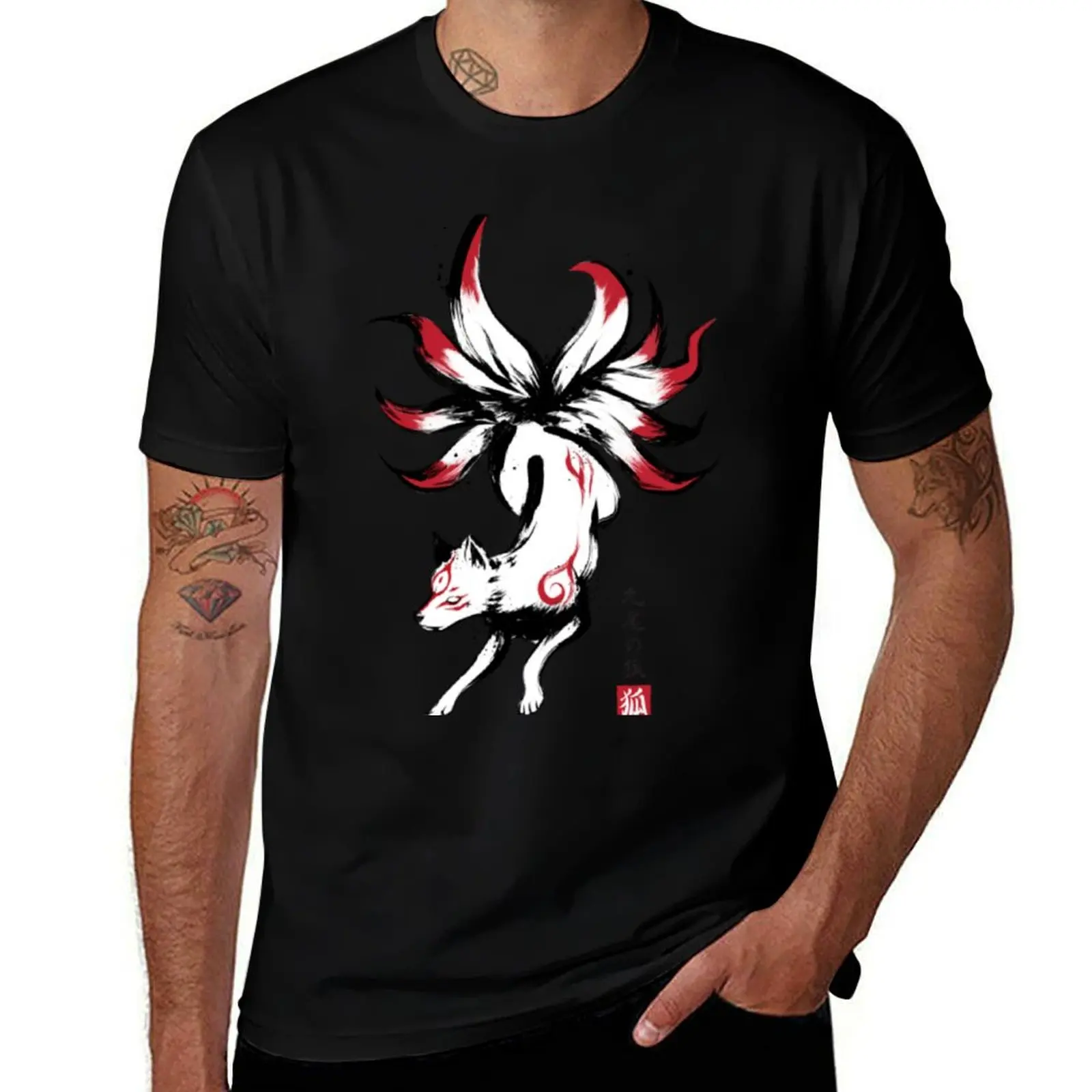 Sumie Kitsune Nine Fox Tails Kyubi No T-Shirt Work Outdoor Short Sleeve Tee T-Shirt