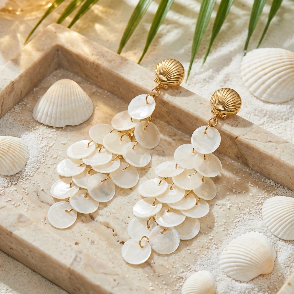 Exquisite weiße runde Muschel-Quasten-Ohrringe für Damen – Sommerlicher Ozean-Stil mit Seestern und Jakobsmuschel – Ästhetischer Partyschmuck – Detail 5