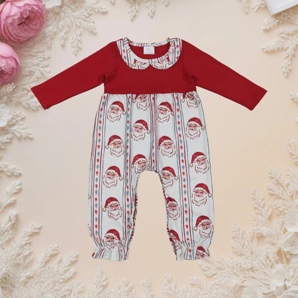 

Christmas Newborn Long Sleeve Bubble Romper Toddler Baby Girl Santa Stripe Doll Collar Cozy Winter Jumpsuit Children Clothing