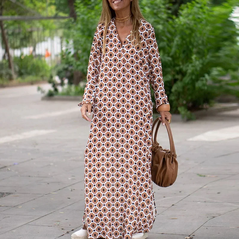 

Retro Pattern Printed Full Sleeve V-Neck Boho Dress Spring Summer Women Casual Loose Party Long Dresses Elegant Femme Maxi Dress