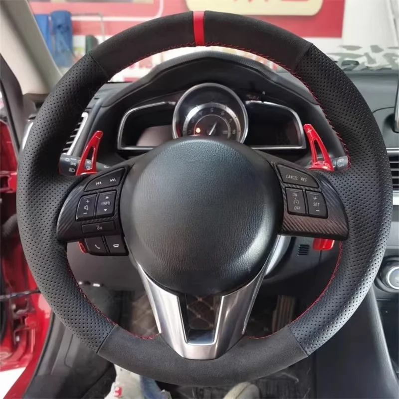 

CX5 6 Atenza 2014 New CX3 Scion Custom Hand-stitched Black Suede Leather Car Steering Wheel Cover For Mazda CX-5