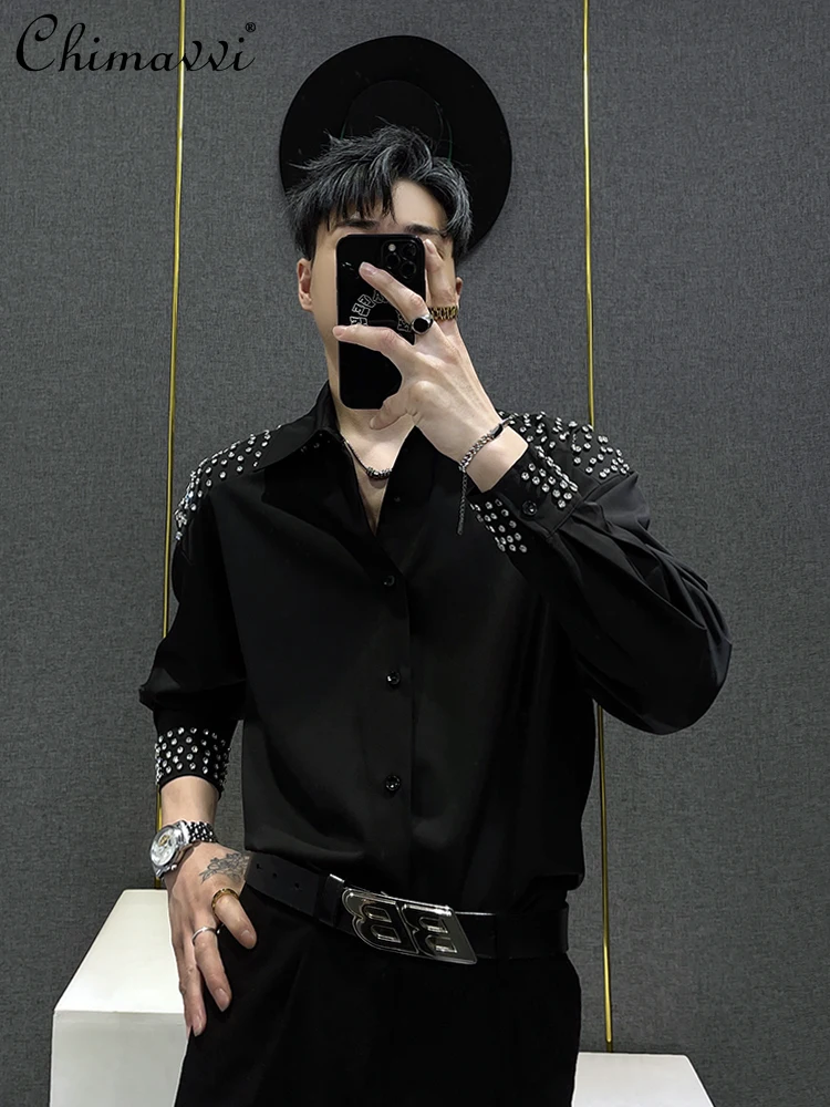 

2024 Summer New Fashion Handsome Shirt Men's Personalized Diamond-Embedded Irregular Stitching Loose Blouse Top Versatile