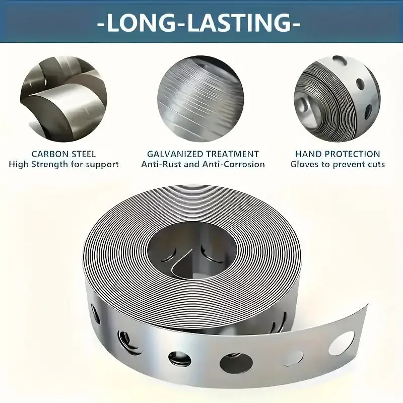 1 لفة من شريط الفولاذ المجلفن، شريط معدني مثقوب متعدد الوظائف مثقوب مسبقًا لدعم الأنابيب ومعالجة الصفائح المعدنية