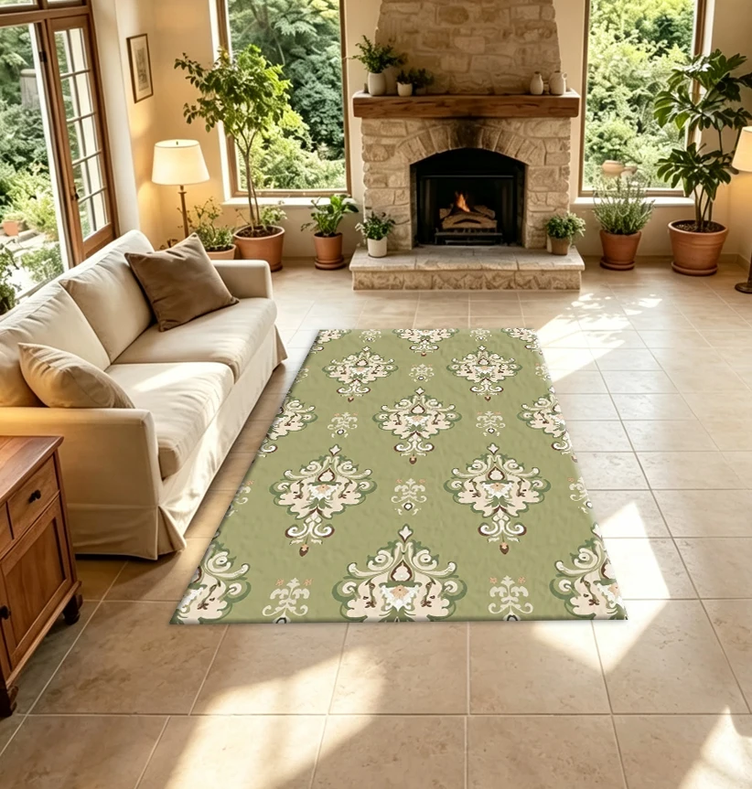 Sage Green Brocade Vintage Carpet Floor Classic Baroque Decorative Seamless Pattern Carpet Suitable for Home Room Decoration