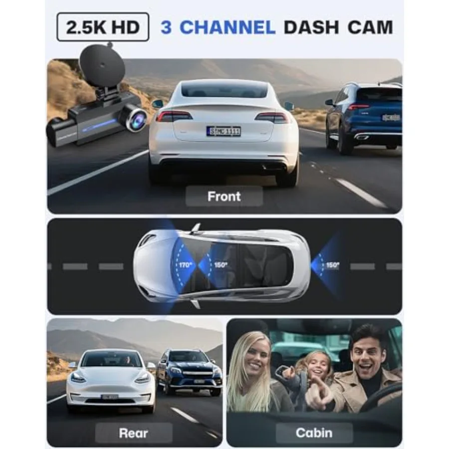 Dash Cam Front and Rear 2.5K/1440P, 3 Channel Dash Camera for Cars Dash Cam Front Rear and Inside with 32GB Card, 3.16