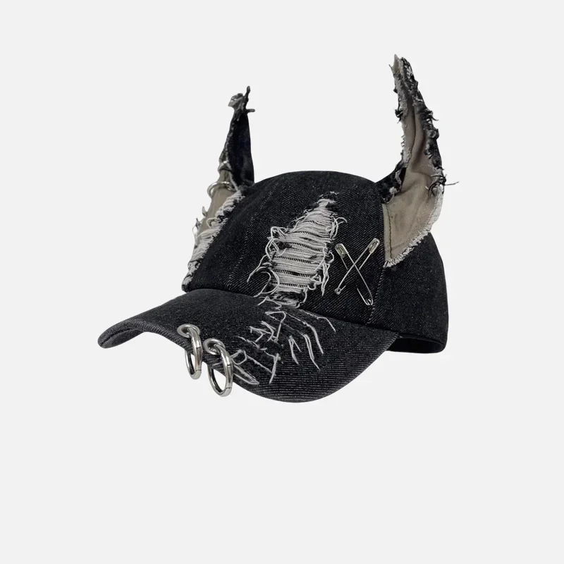 

Niche Y2k Rabbit Ears Denim Ripped Baseball Cap Men and Women Dark Personality Metal Ring Street Trend Adjustable Sports Hat