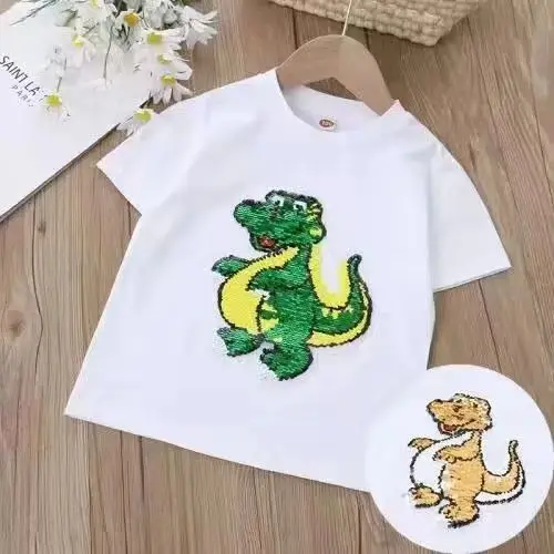 New Children's Sequins Cartoon panda Watermelon color-changing Short Sleeve Boy Girl cotton strawberry dinosaur T-shirt