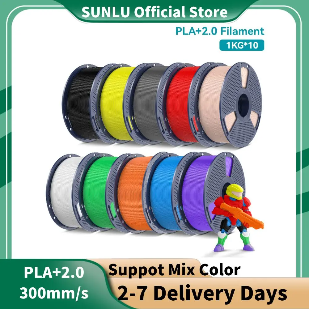 SUNLU PLA+ 2.0 1.75mm 10 Rolls,Ultra-Tough (19.8KJ/m² Impact),2-3X Stronger,Fast Printing 300mm/s,High Speed 3D Printer Filament