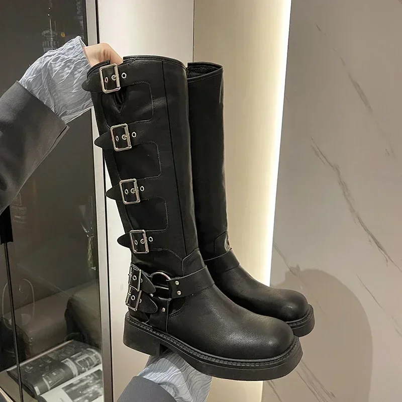 Buty damskie do kolan platforma elegancki niski obcas Trend Punk Gothic New Rock skórzane modne buty damskie obuwie motocyklowe