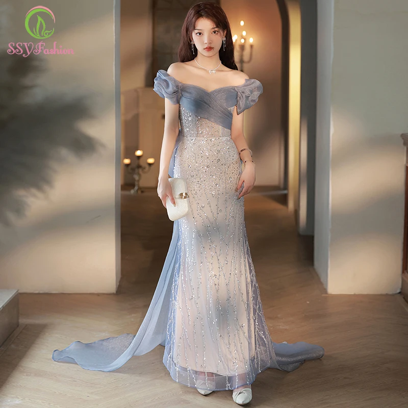 Customized Sexy Mermaid Evening Dress for Women Slim Grey Blue Fishtail Sequins with Big Bow Prom Formal Gowns Vestido De Festa