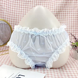 Calzoncillos transparentes de gasa ultrafina de encaje Sexy para hombre, ropa interior erótica con funda de pene, bragas con estampado de corazón, lencería erótica