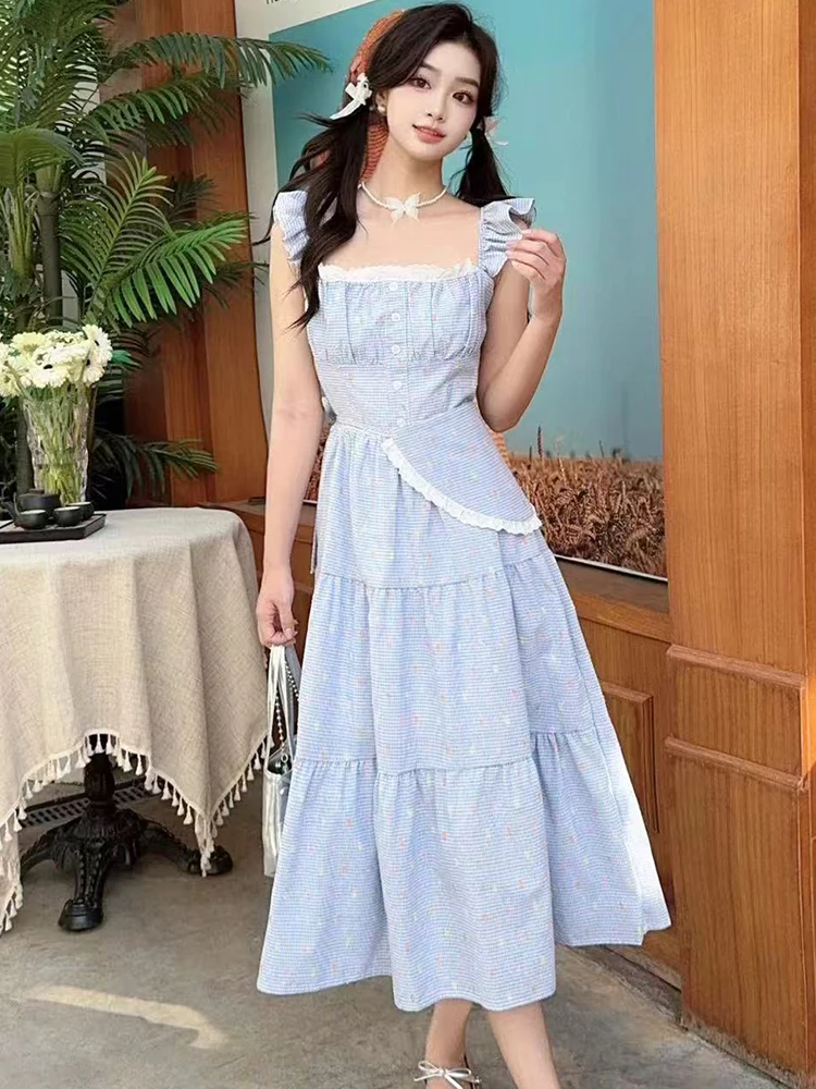 Estate Boho Blu Floreale Chic Pizzo Slash Neck Abito lungo sexy Donna Elegante abito casual da vacanza 2025 Abito da festa aderente coreano