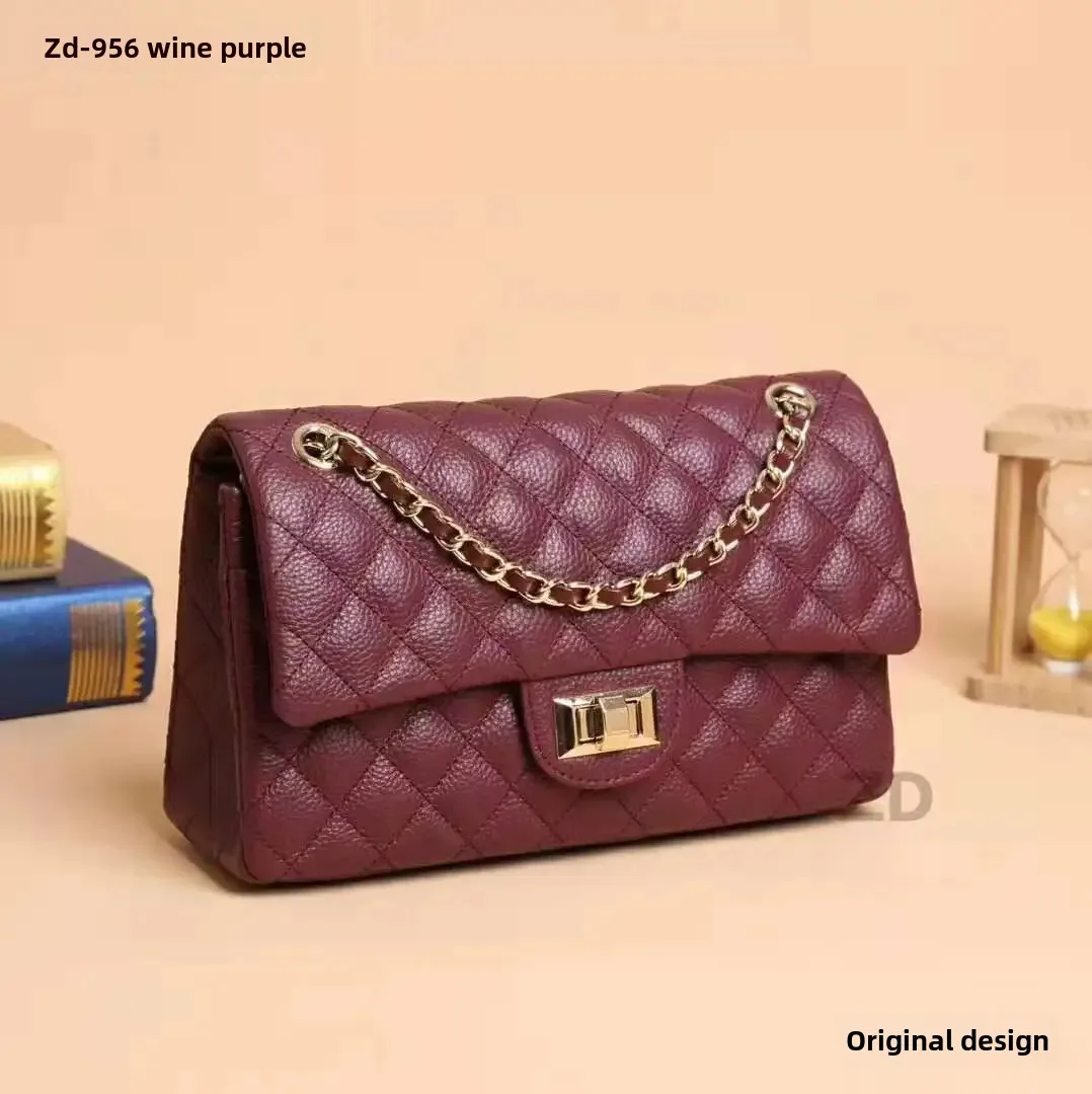 Bolso de hombro con cadena de cuero de vaca de capa superior a la moda, bolso con cubierta para la cabeza con patrón de diamante transfronterizo y hebilla cuadrada Retro