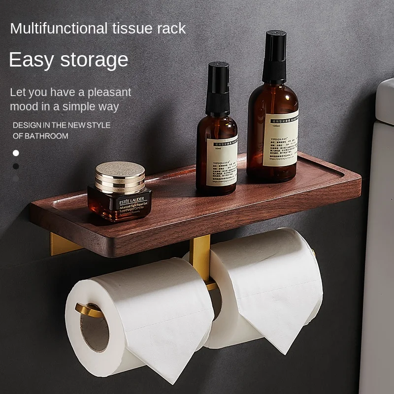 Wall Mounted Walnut Roll Paper Holder Toilet Toilet No Perforated Paper Towel Holder Hanging 2-In-1 Bathroom Mobile Phone Holder