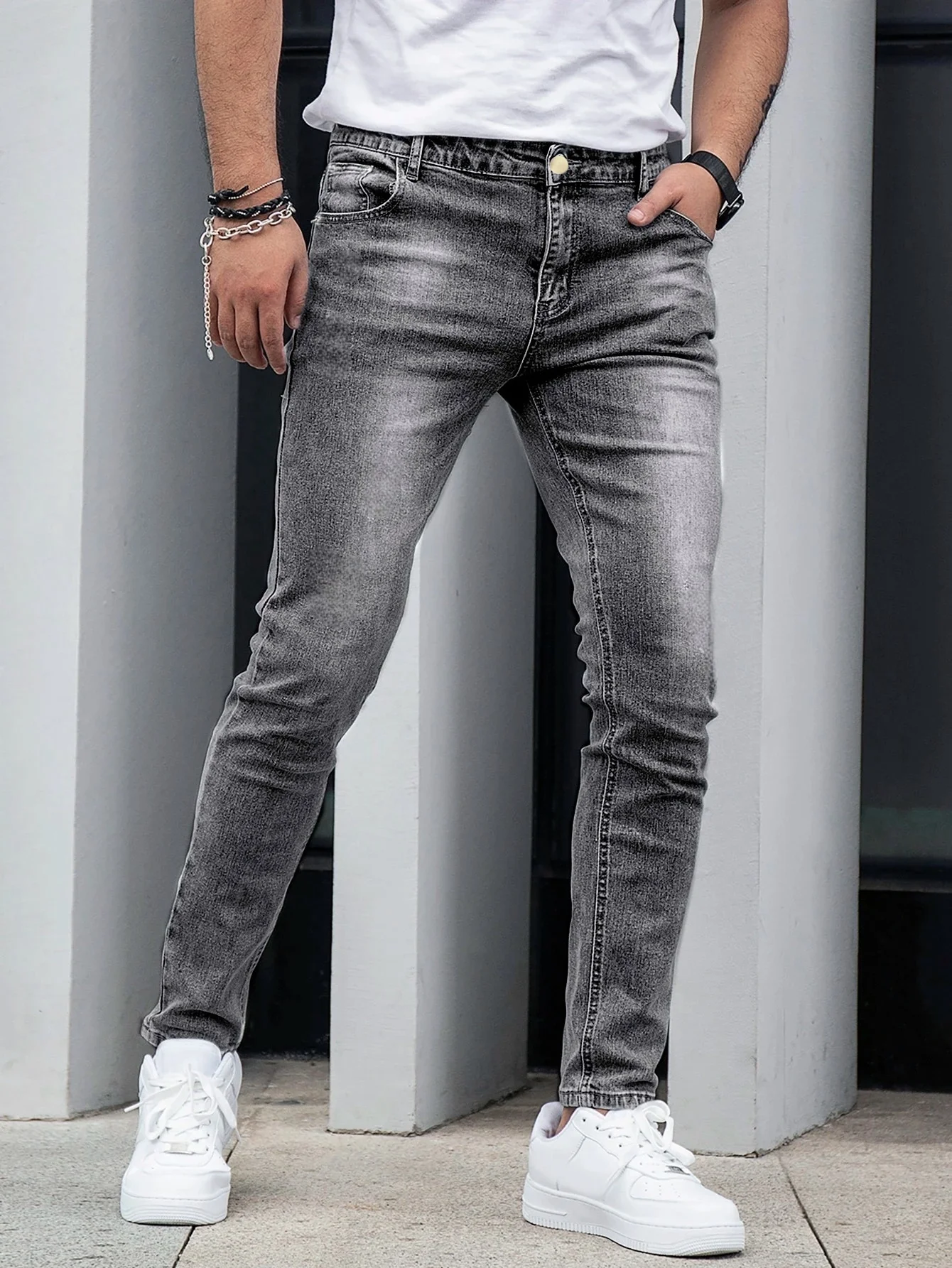 

Hip-hop Gray Y2K Drip Men's Slim Jeans Pants Original Trendy Denim Trousers No accessories or belts included