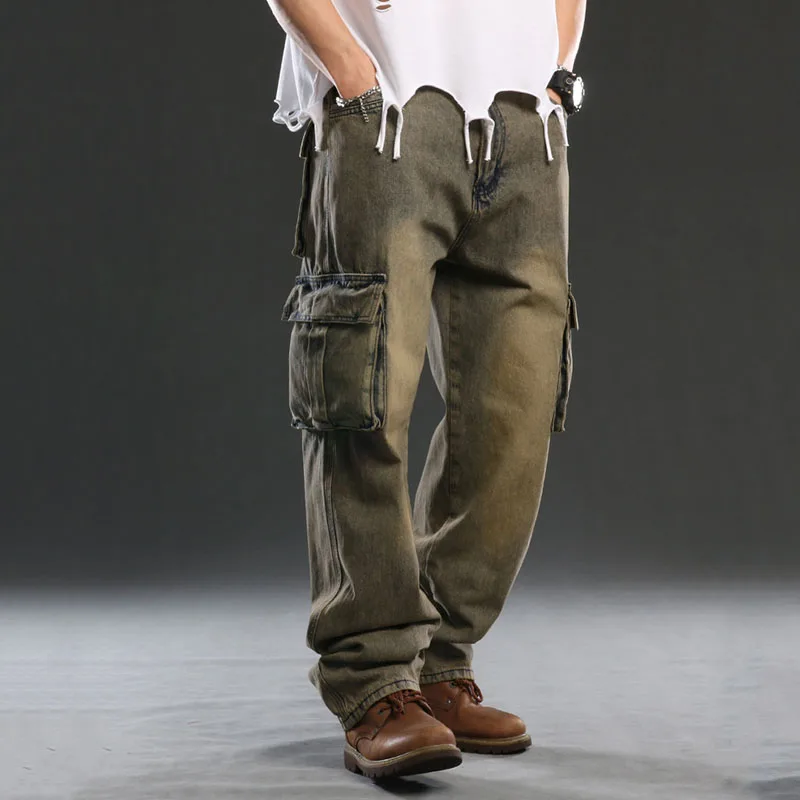 Mcikkny Men High Street Cargo Vintage Jean Pants Multi Pockets Washed Straight Denim Trousers For Male Plus Size 30-46