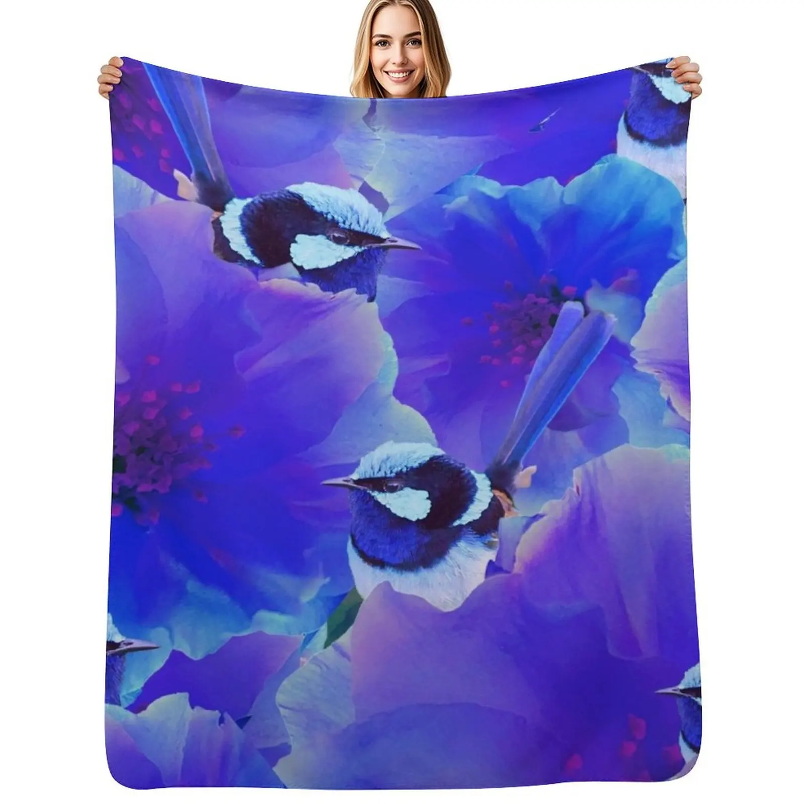 

Bluetiful - Spot the Wren - Blossom Floral & Blue Wren Behind Black Throw Blanket for winter Thermal Blankets