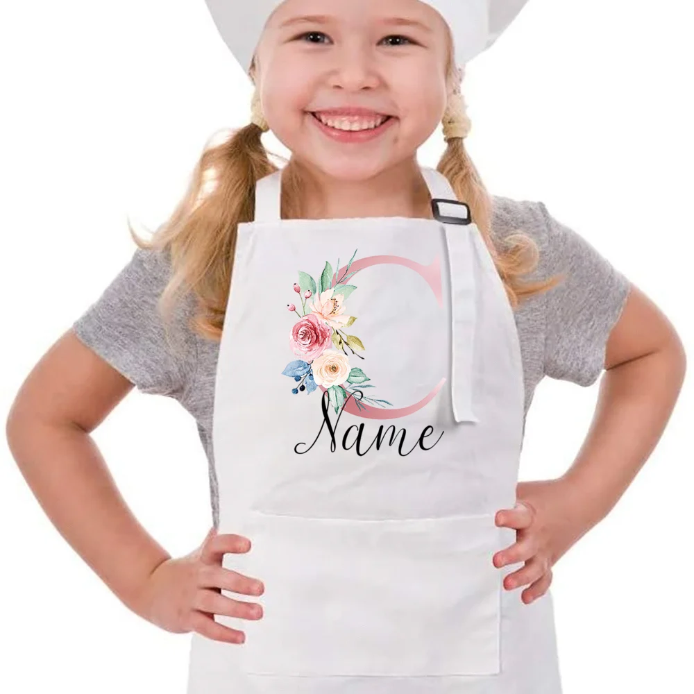 Personalized Kids Apron Cooking Kitchen Apron Pink Flower Initial and Name Apron for Children Custom Girls Cooking Apron Gift