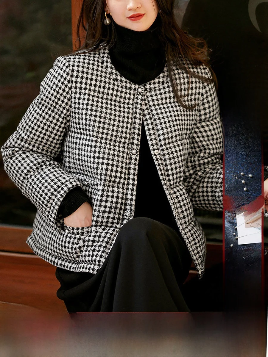 Ele Color-Woven Goose down Puffer Jaet with Tweed Pattern Warmth Guaranteed Xhange Silk-Camel Wool Blend Coat