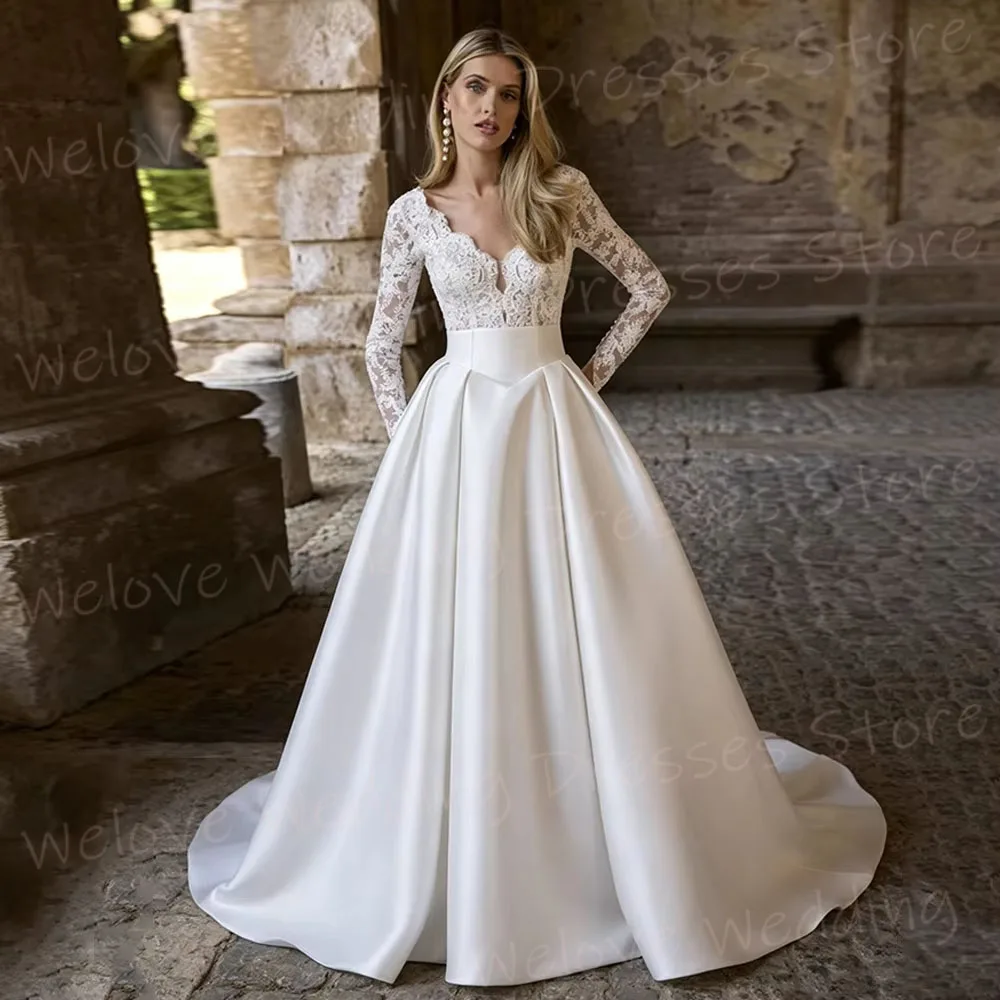 

Charming A Line Women's V Neck Long Sleeve Lace Appliques Wedding Dresses Robe De Mariée Customized Bride Gowns Vestido De Novia