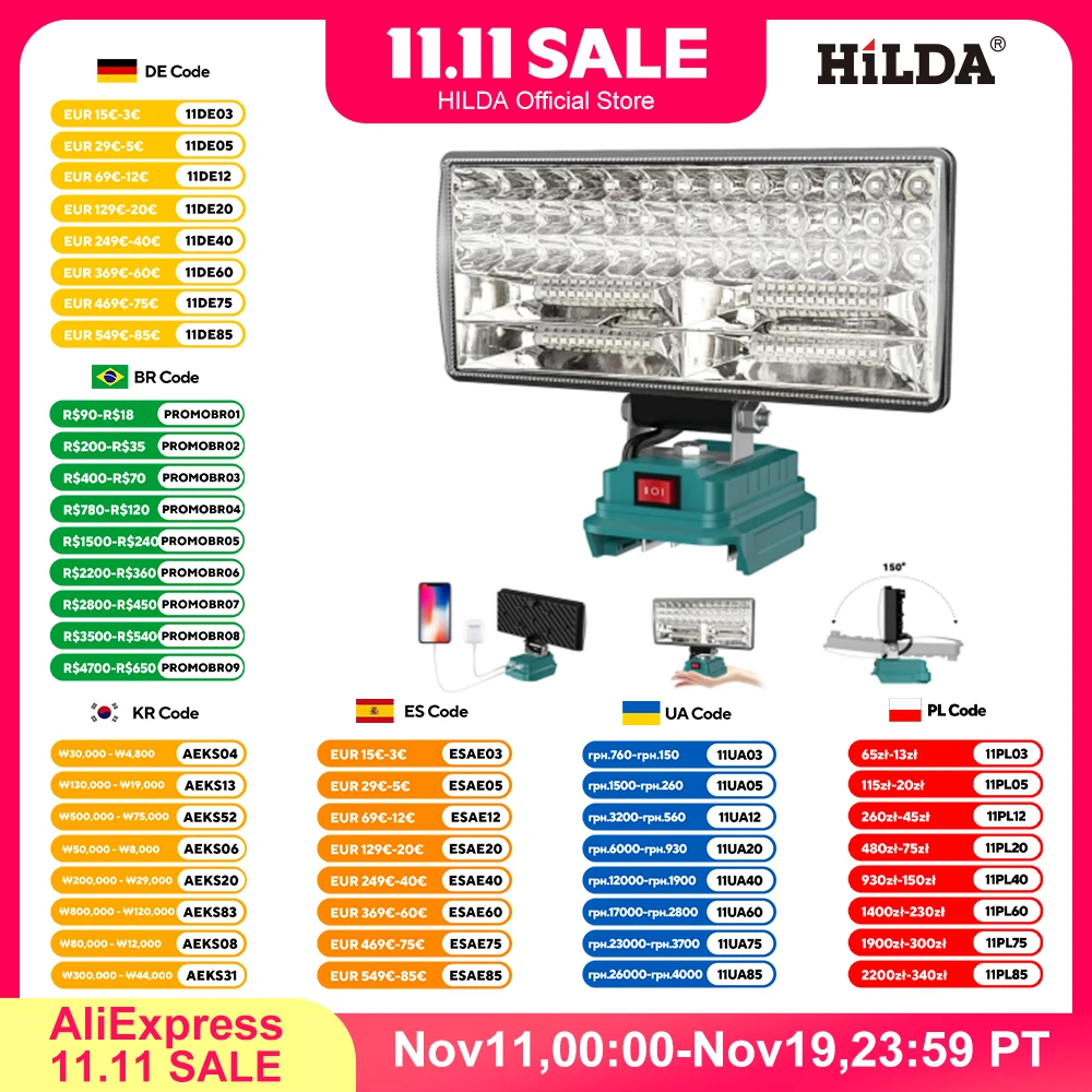 

8" Cordless LED Work Light Portable LED Flashlight for Work Camping Outdoor 2 Levels Adjustable LED Light for Makita Battery