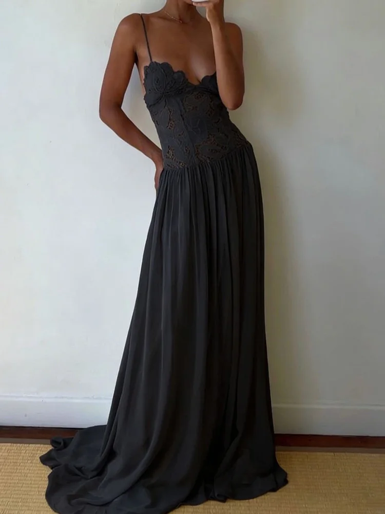 Spring Summer Holiday Chic Hollow Out Dress, Women Casual Lace Patchwork Sleeveless Party Dress, Elegant V Neck Ladies Dresses